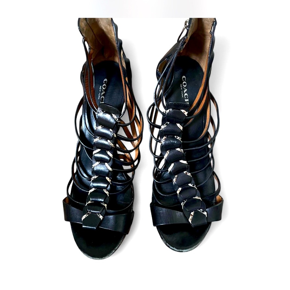 Coach Women’s black leather and Snakeskin gladiator cage heels sandals club - Picture 2 of 9
